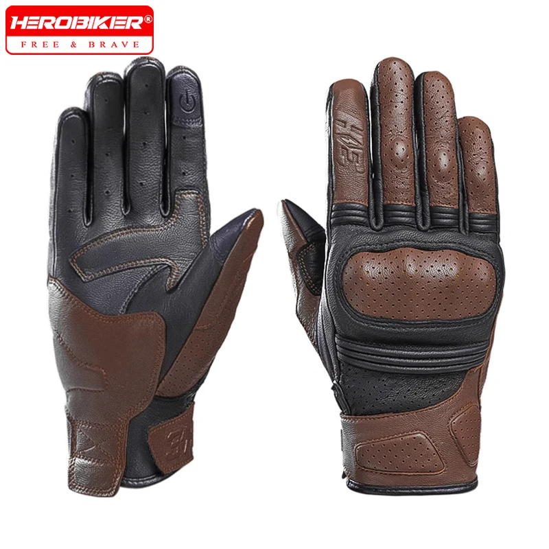 

Retro Leather Motorcycle Gloves Man Wear-Resistant Full Finger Protective Riding Gloves Touch Screen Non-slip Motorbike Gloves