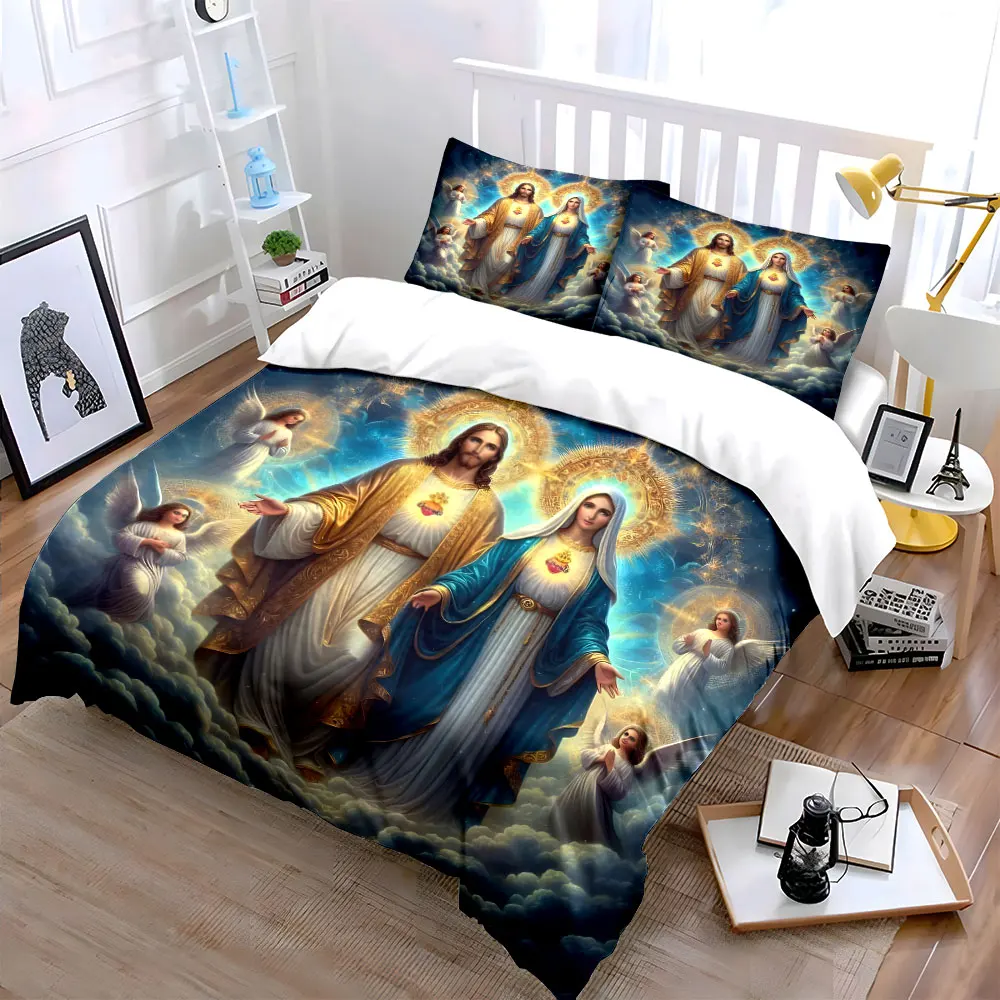 Figures with Halo Surrounded by Angels Print Bedding Set 1 Duvet Cover 2 Pillowcases for Adult and Children Luxury Gift