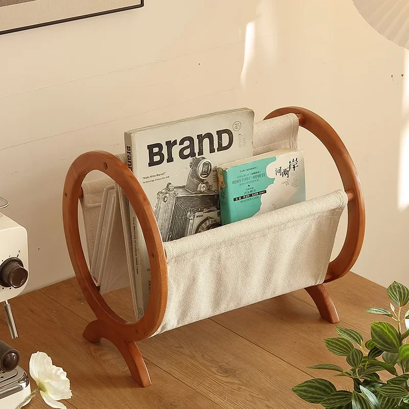

Cherry Wood Circular Magazine Rack Vintage-Inspired Newspaper Stand Movable Desktop Book Organizer Stylish Living RoomDisplay