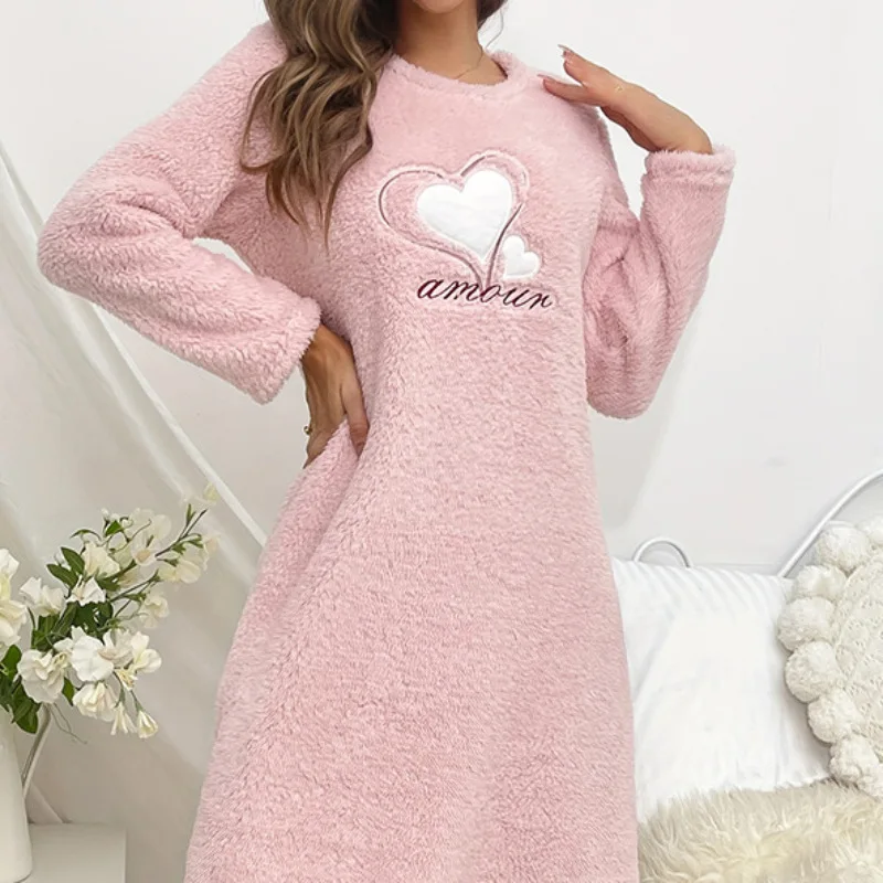 2Pcs/set love facecloth long-sleeved thickened warm women\'s pajamas over the head in the long section of the student nightgown