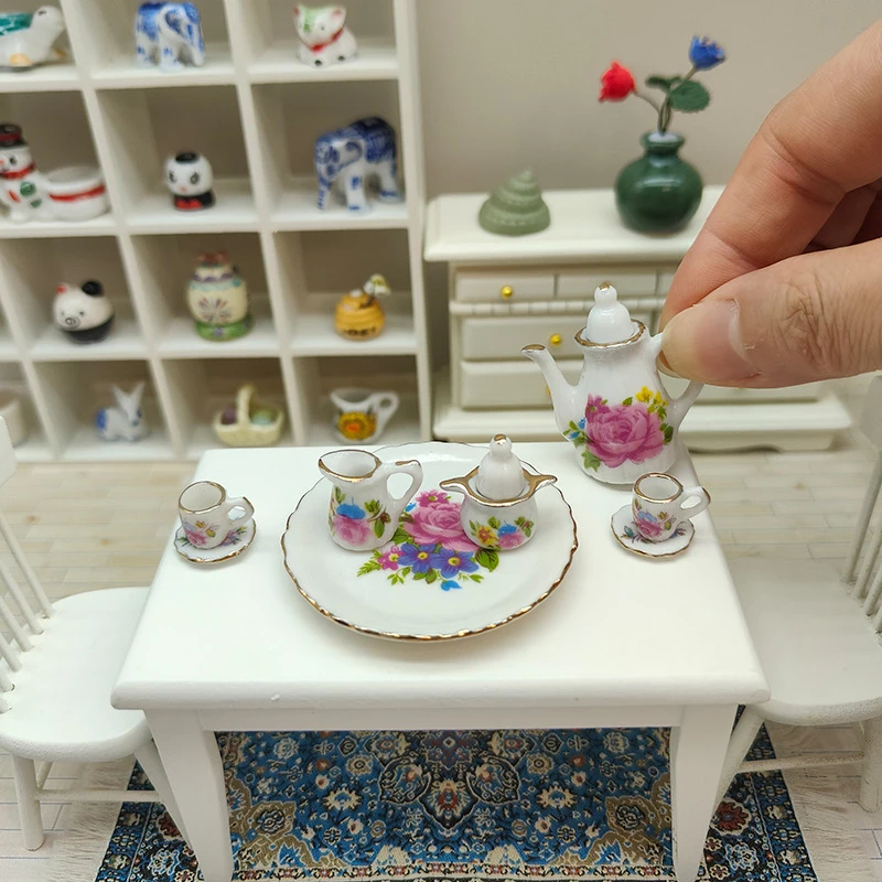 1Set Dollhouse Miniature Ceramic Rose Print Tea Set Teapot Teacup With Tray Model DIY Kitchen Tableware Scene Decor Ornaments