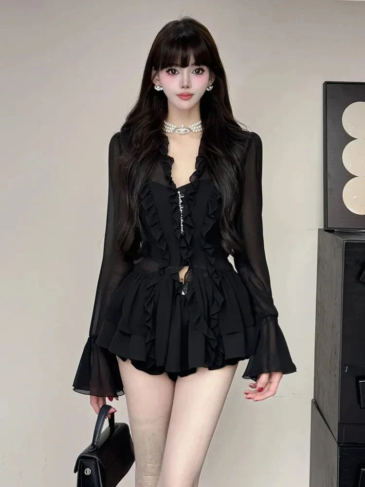 

Женский комплект Ele для поездок на работу, весна 2024, новинка, кружевная отделка, сращивание irt, внутренняя одежда, юбка, брюки, комплект из футболки, длинный све, полиэстер