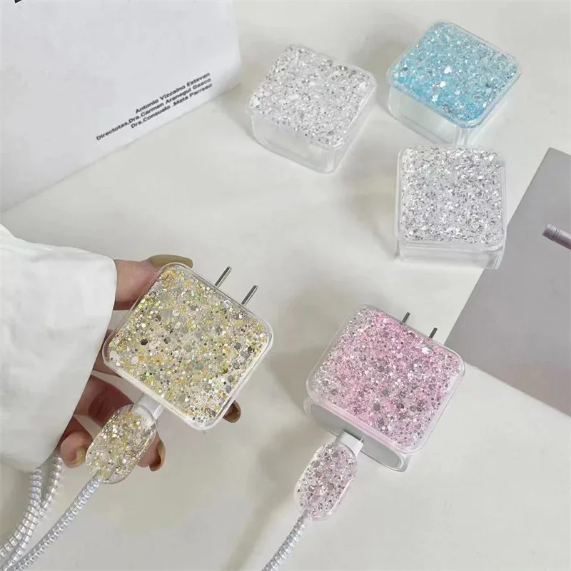 Sequins Glitter Wave Edge Clear Silicone Charger Case For IPhone  13 14 15 18W 20W Fast Charge Protection Cover Charger Sleeve