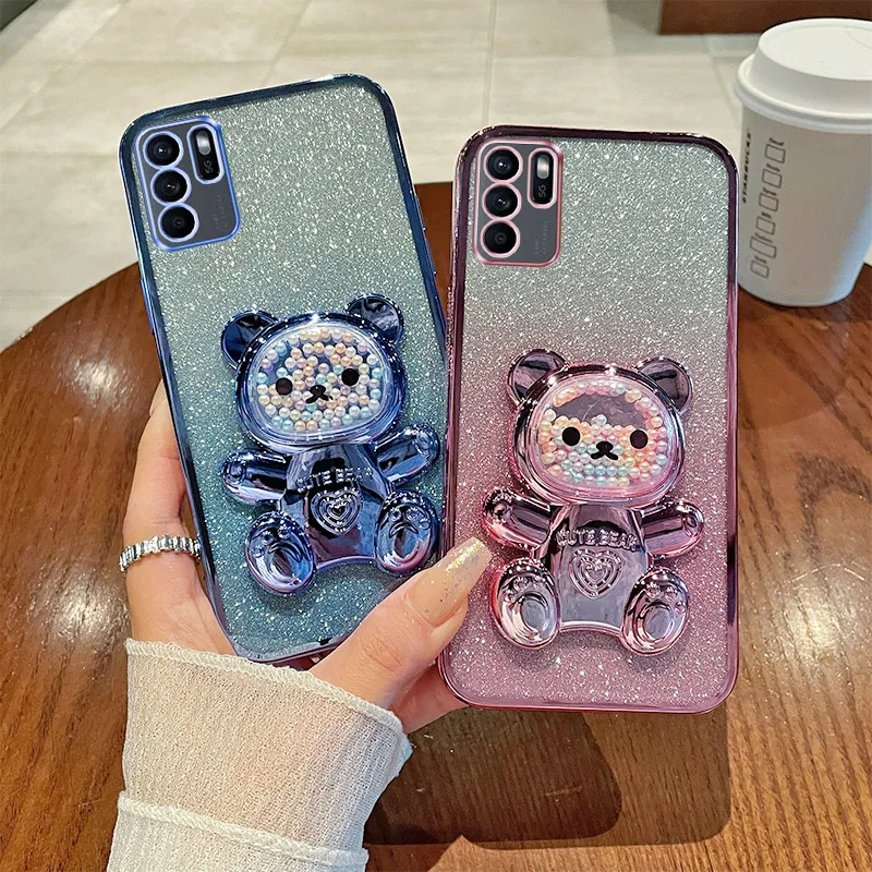 For OPPO Reno 6Z Case Soft Silicone Bling Shockproof Electroplated TPU Cell Phone Casing For CPH2237 Back Cover Cute Bear Stand