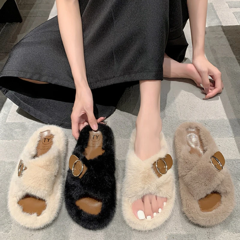 Warm Fluffy Slippers Women'S Plush Slippers Comfortable Belt Buckle  Faux Fur Cross Indoor Floor Slippers Flat Soft Fur Shoes