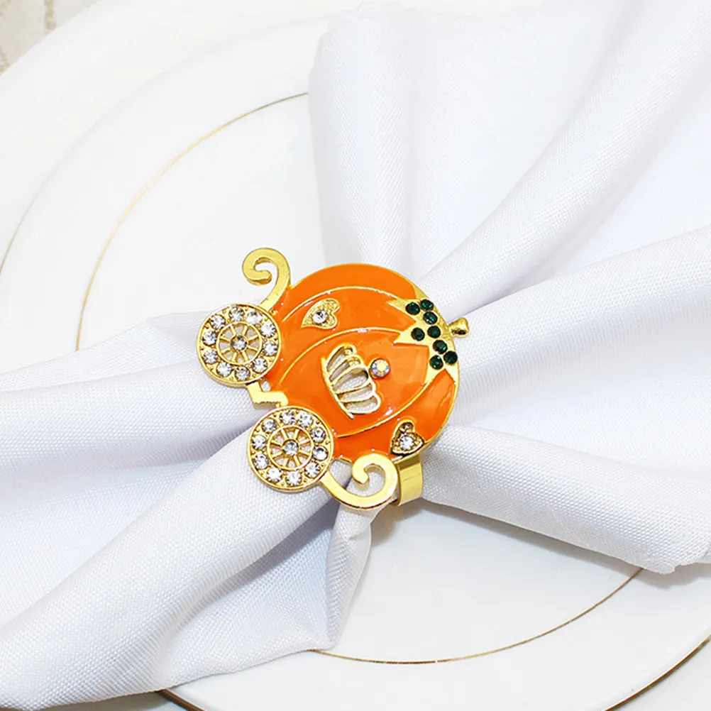 4Pcs Pumpkin Cart Napkin Ring Set Fine Alloy Rhinestone Accented Napkin Buckle for Formal Casual Gatherings Thanksgiving