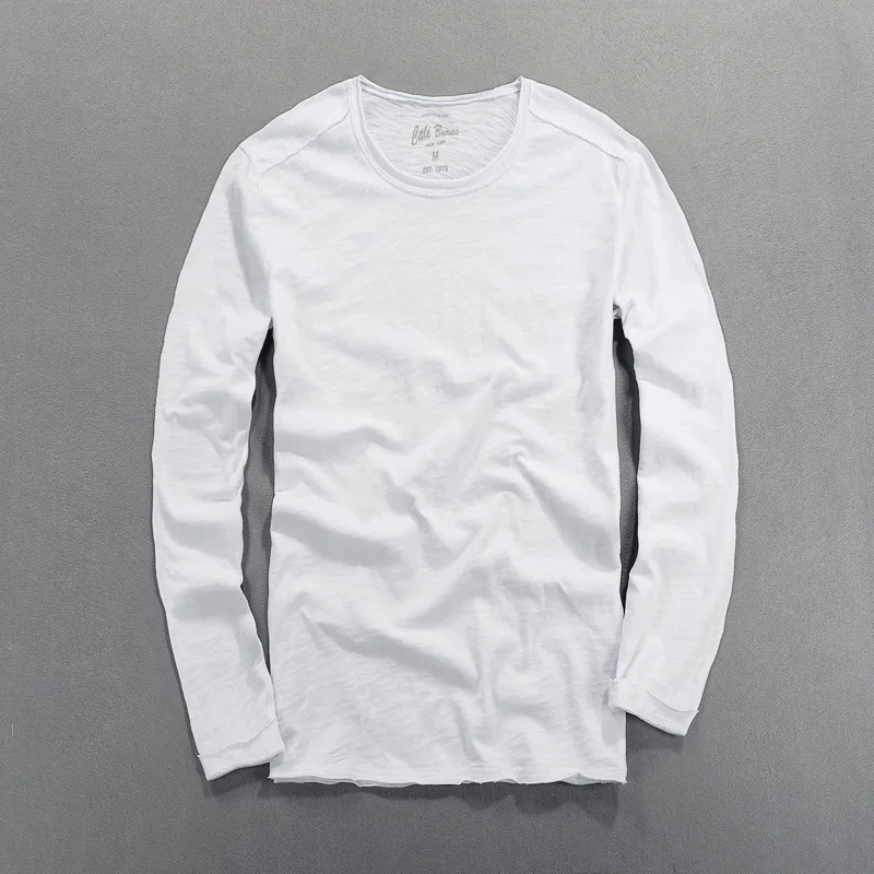 Vintage Men Long Sleeve Tshirt Bamboo Cotton Solid Slim Fit Basic Tee Multi Color Crew V Neck Casual Tops