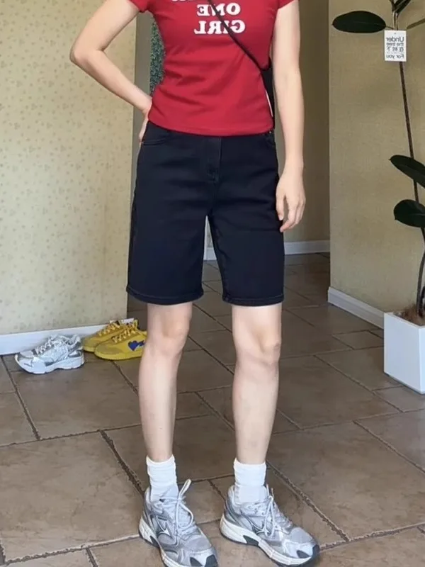 

Летние новые джинсы с высокой талией и прямыми штанинами для женщин, больших размеров, утягивающие, универсальные, широкие, длиной до колена, повседневные