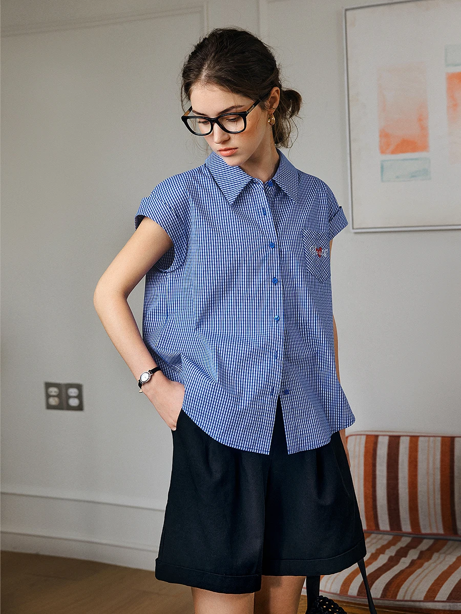 OLrain Summer Blue Plaid Shirt Women 2025 Ladies Casual Short Sleeve Letter Embroider Pocket Woman Shirts & Blouses O57XC98016
