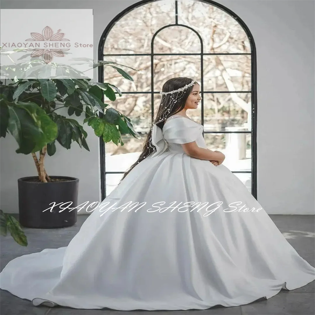 White Satin Elegant Flower Girl Dress For Wedding Suspenders Puffy Floor Length Princess Kids First Communion Ball Gown