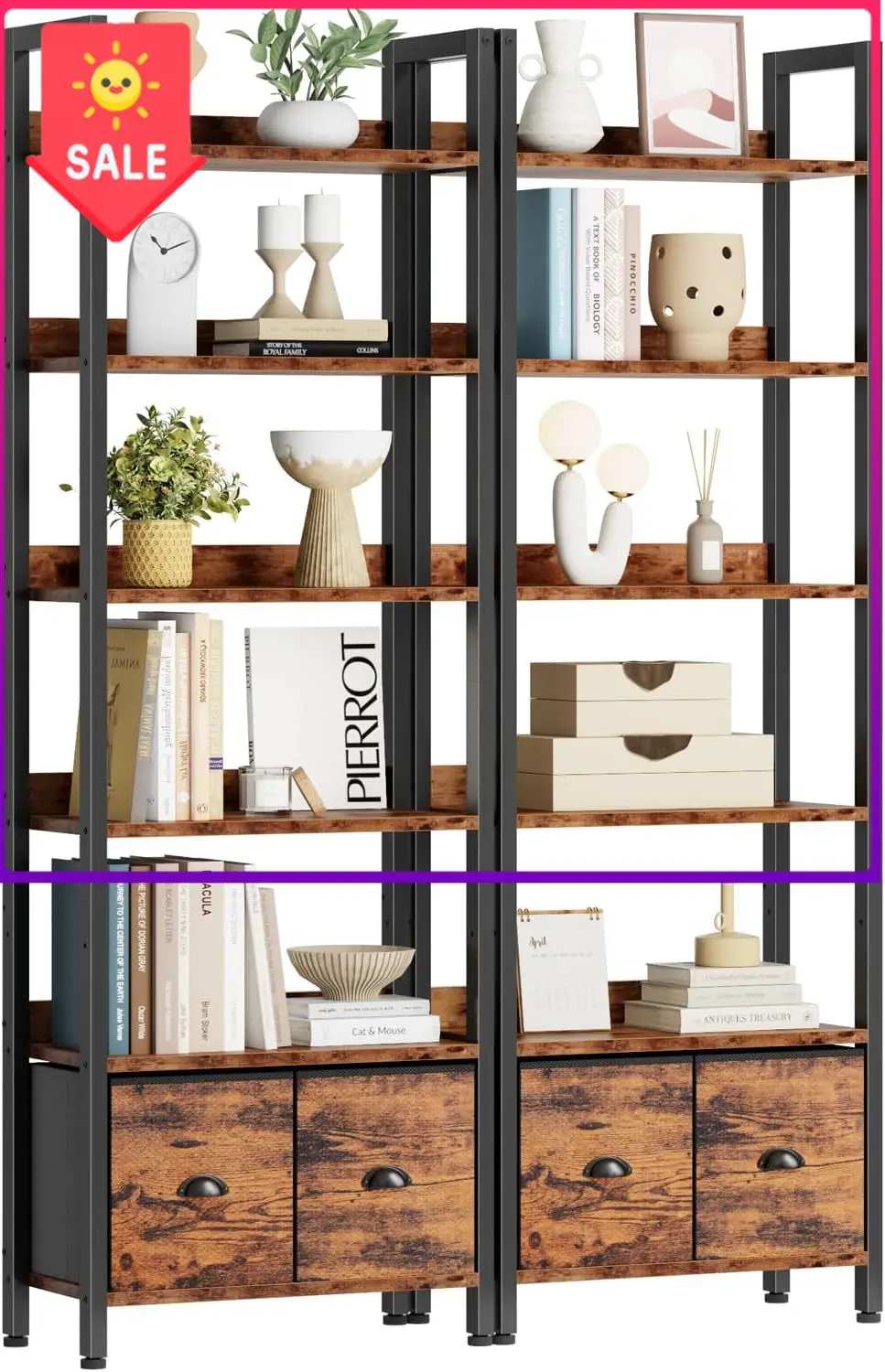 Furologee 6-Tier Bookshelf Set of 2,Tall Bookcase with 2 Drawers and Shelves, Industrial Display Free Standing Shelf Units, Stor