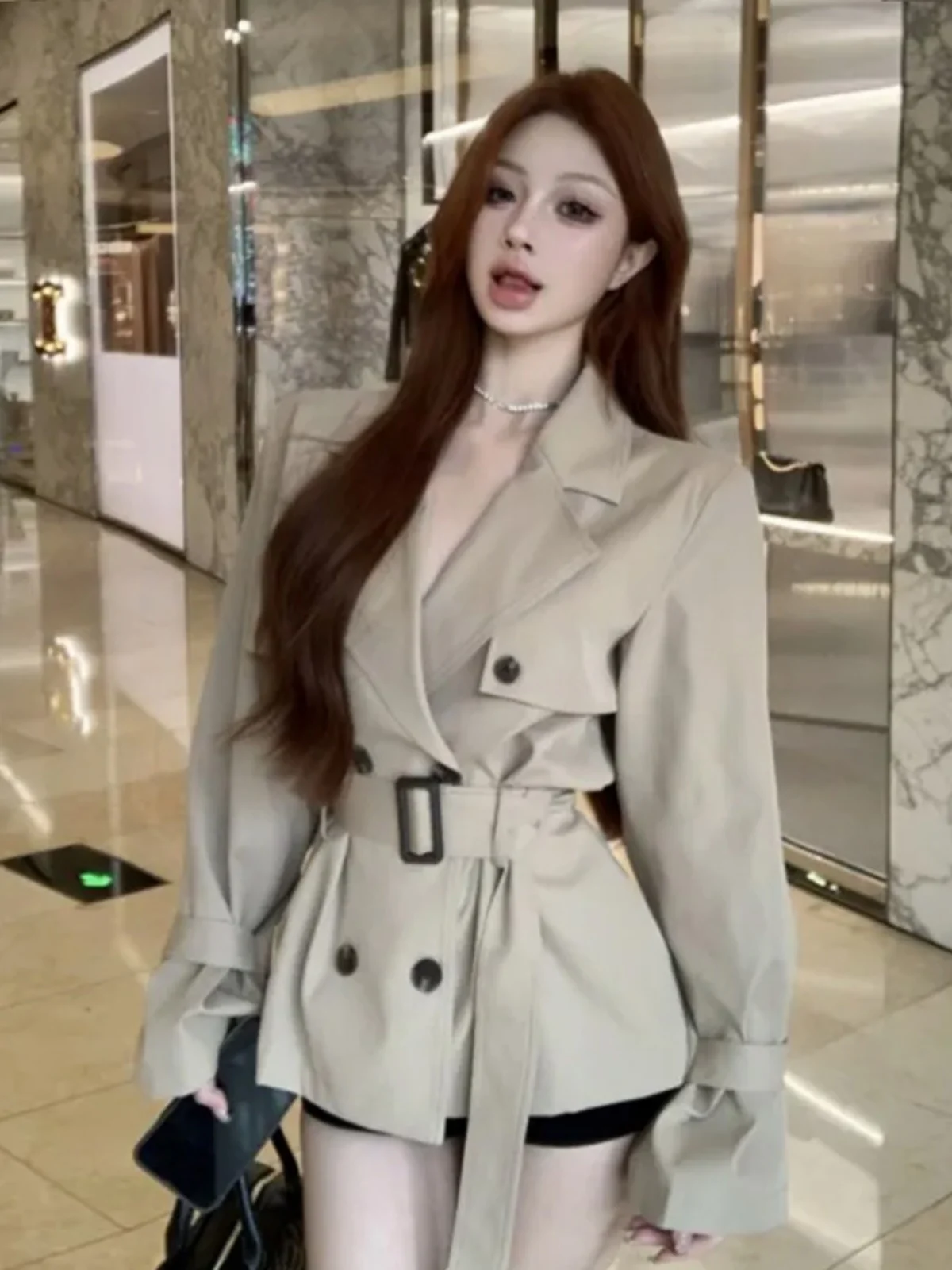 

Cropped Trench Coat Clothes Woman Body Kaki Appearance Color-Blocking Wash Resort Anti-Splash Petite-Friendly Deep Laced