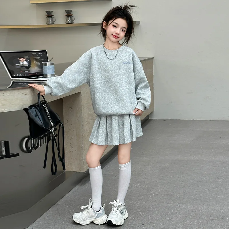 

Korean Autumn Kids Girls Two-piece Sets 4-14Y Girls Bowknot Printed Sweatshirt Children Girls Pleated Skirt Junior Girls Outfit