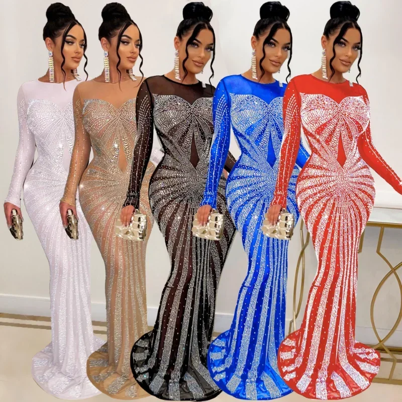 KEXU Rhinestone Mesh Sheer Sexy Party Maxi Dresses Elegant Beautiful Birthday Dress for Women Long Sleeve Evening Gown Dress