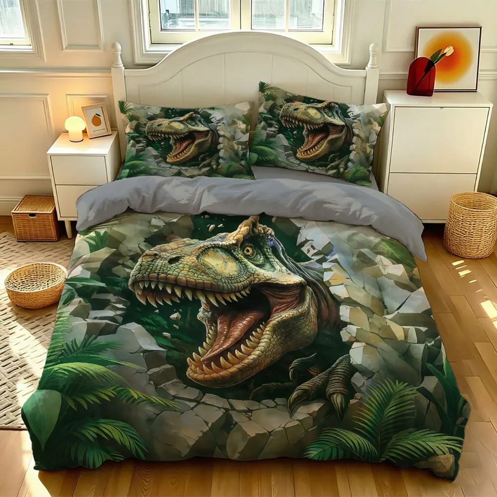 Jurassic T-Rex Duvet Cover Set 3 Piece Green Jungle Dinosaur Print Bedding Set with Pillowcases for Boys Room