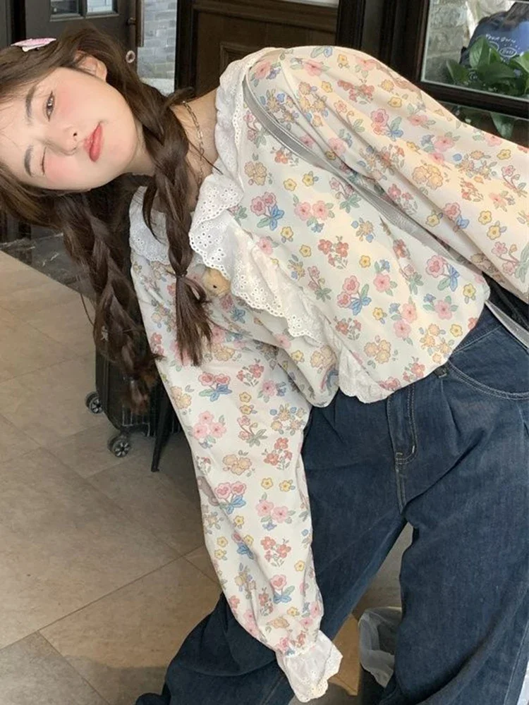 Chemises florales à volants pour femmes, douce, ample, décontractée, mignonne, japonaise, manches longues, Design Vintage, Prairie Chic, hauts