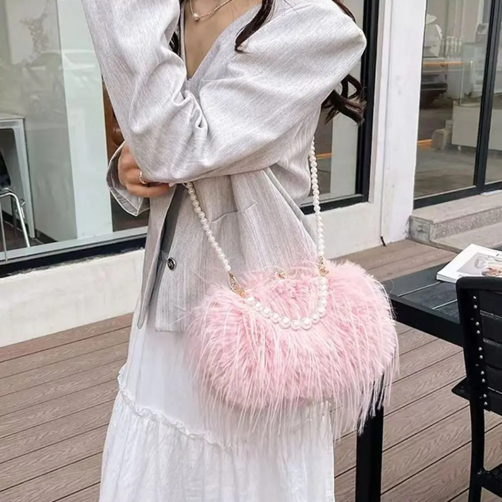 

Retro Square Evening Banquet Bag Pearls Lock Buckle Plush Handbag Handle Large Capacity Shoulder Crossbody Bag Girl