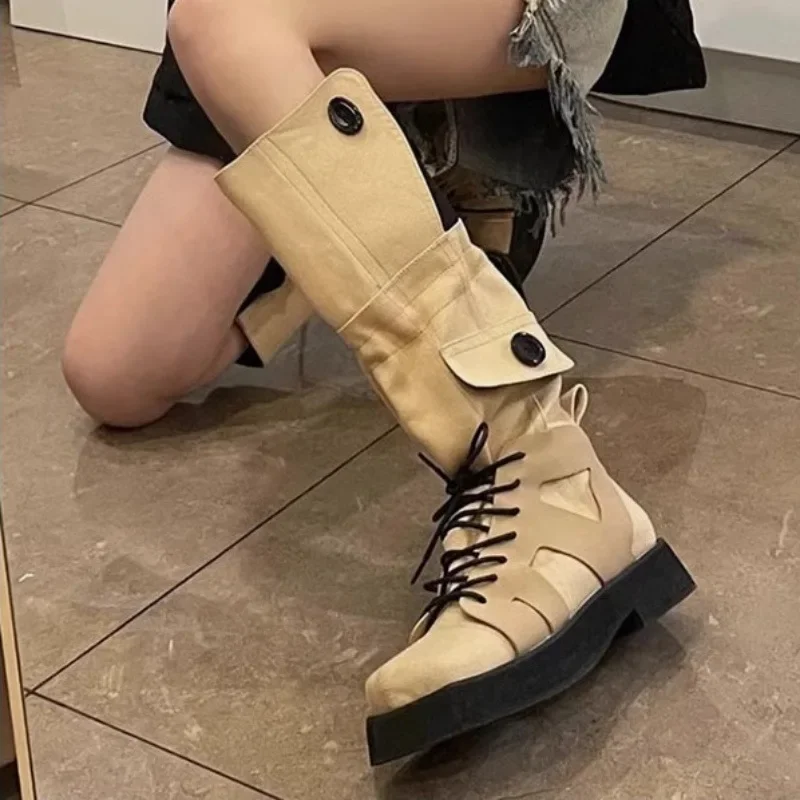 Nuevas botas de escalada con cordón de alta calidad para mujer, botas de vaquero del oeste picantes y sexis con parte inferior gruesa, otoño e invierno