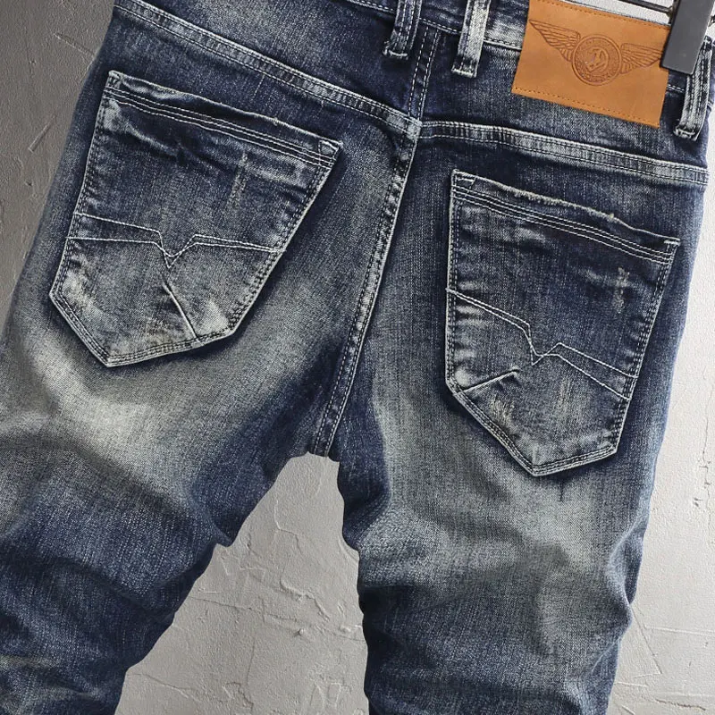 Fashion Designer Men Jeans High Quality Retro Washed Blue Elastic Slim Fit Ripped Jeans Men Trousers Vintage Denim Pants Hombre