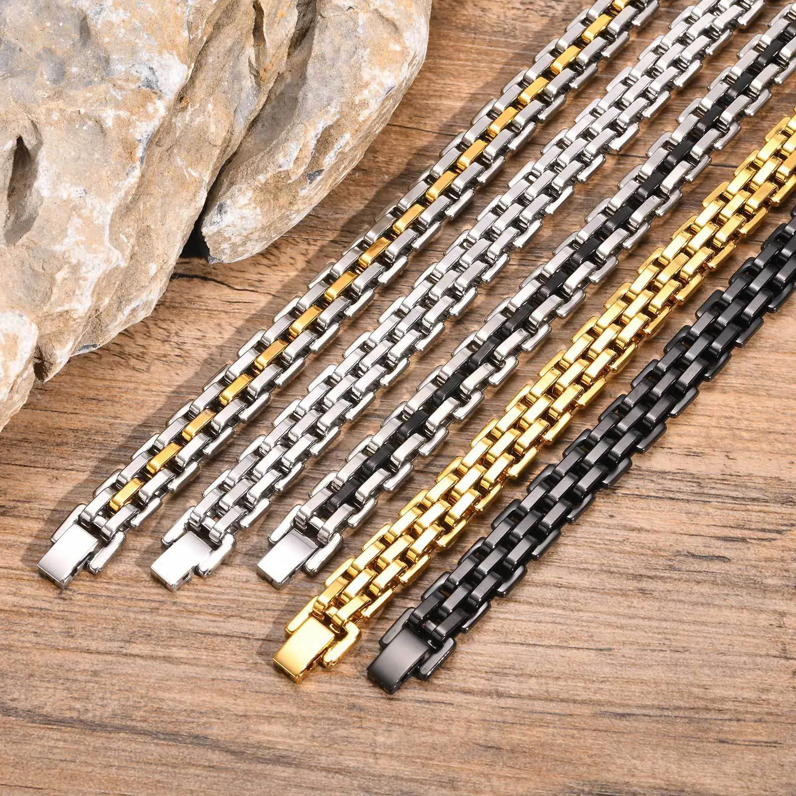 Wholesale Jewelry --( 19 cm 21 cm x 11 mm ) Domineering Stainless steel Width Tank Watch Golden Black Bracelets Jewelry For Men