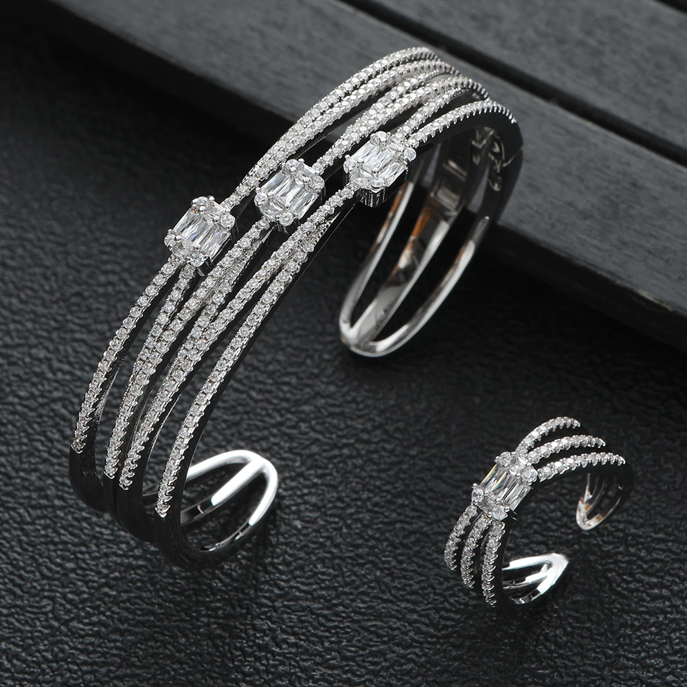 

Luxury 2PCS Intersecting Lines Square Opening Round Bracelet With Multiple Rings Set Fashion Jewelry For Women Wedding S448