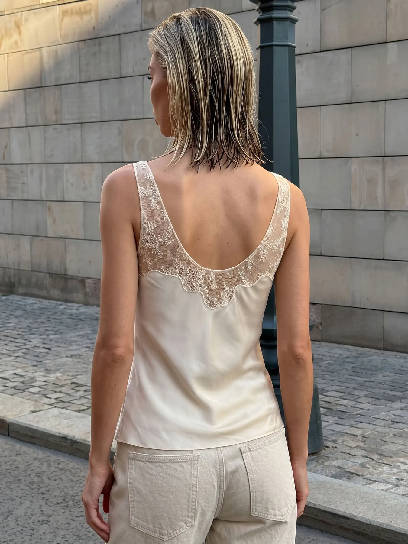 HH Women Elegant Solid Lace Patchwork Vest V Neck Sleeveless Straps Sexy Backless Camisole Tops Summer High Street Chic Tank Top