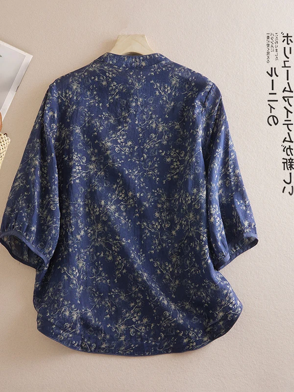 Algodão linho estampa floral botão up solto ajuste verão irt para mulheres plus size tradicional chinês sle casual wear