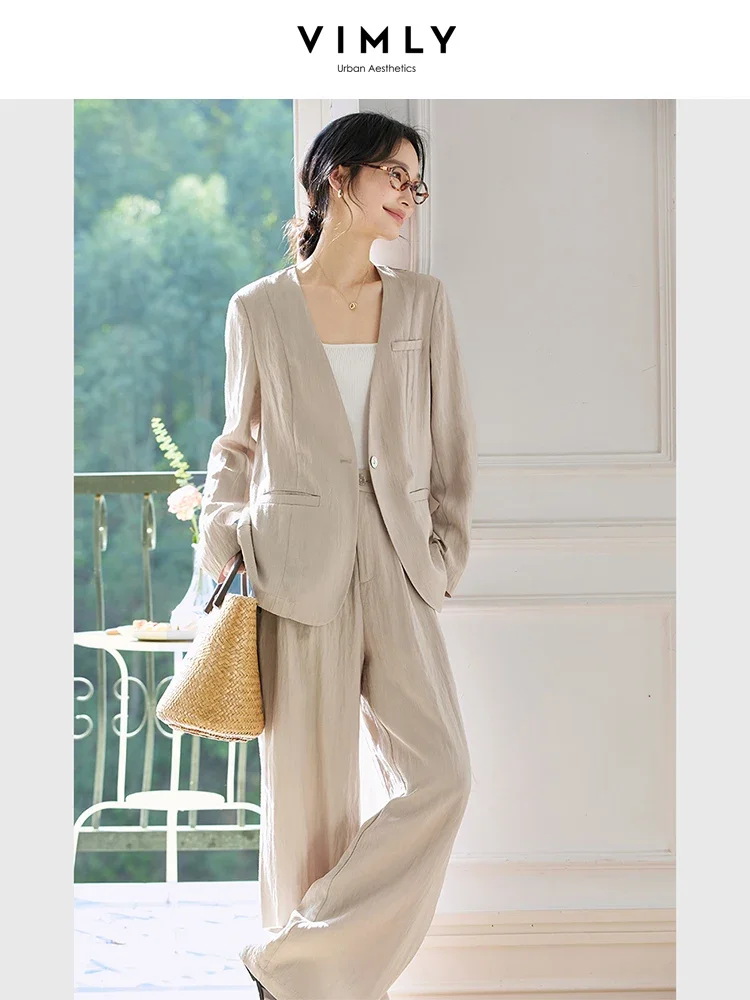 VIMLY Women Office Lady 2pcs Set 2025 Spring Deep V-neck Single Button Blazer Coat+Wide Leg Pants Simple Casual Outfits Blazer