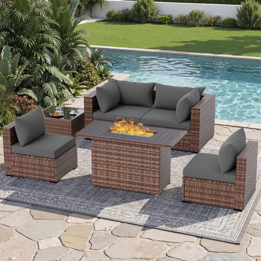 

Patio Furniture Set with Fire Pit Table, 5 Piece Outdoor Sectional Sofas, AllWeather Wicker Conversation for Garden, Backyard,