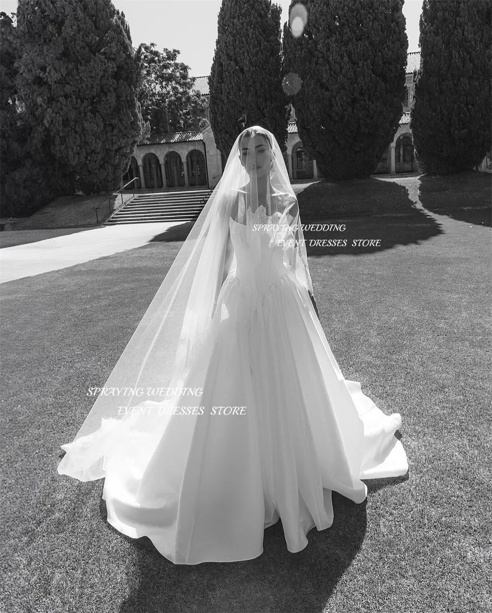 

SPRAYING Strapless Pearls Wedding Gowns Puff Sleeve Luxury Bridal Gowns Tulle Floor Length Sweep Train Customized Robe De Mariée