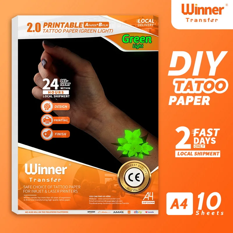 WinnerTransfer -50% tatuaggi temporanei stampabili carta per tatuaggi di trasferimento carta per tatuaggi con pelle verde luminosa per getto