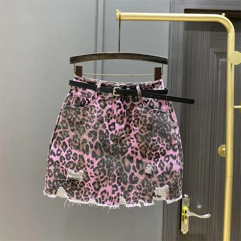 Short Skirt Leopard Pattern Perforated Denim Skirt Women'S 2024 Summer Fashion High Waist Wrapped Hip A-Line Short Skirt