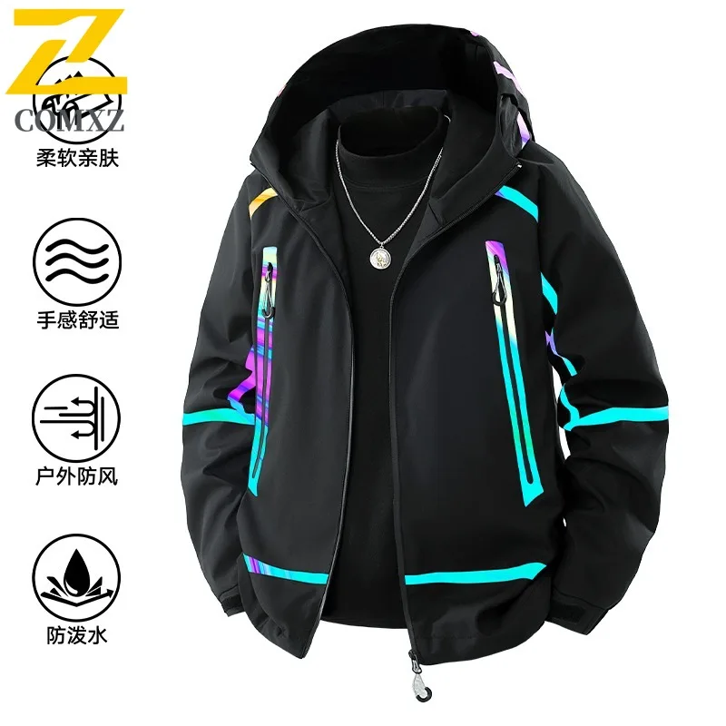 

COMXZ Men 2025 Reflective Strips Multi Zipper Hooded Jacket Workwear Outdoor Water Windbreaker Raincoat American Style Coat