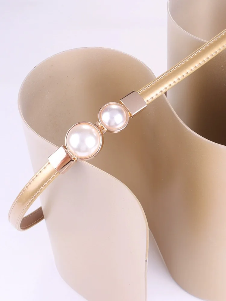 

Elegant Pearl Thin Belt for Women Genuine Leather Adjustable Skinny Waistband for Dress Korean Luxury Gold Buckle Pink Girdle