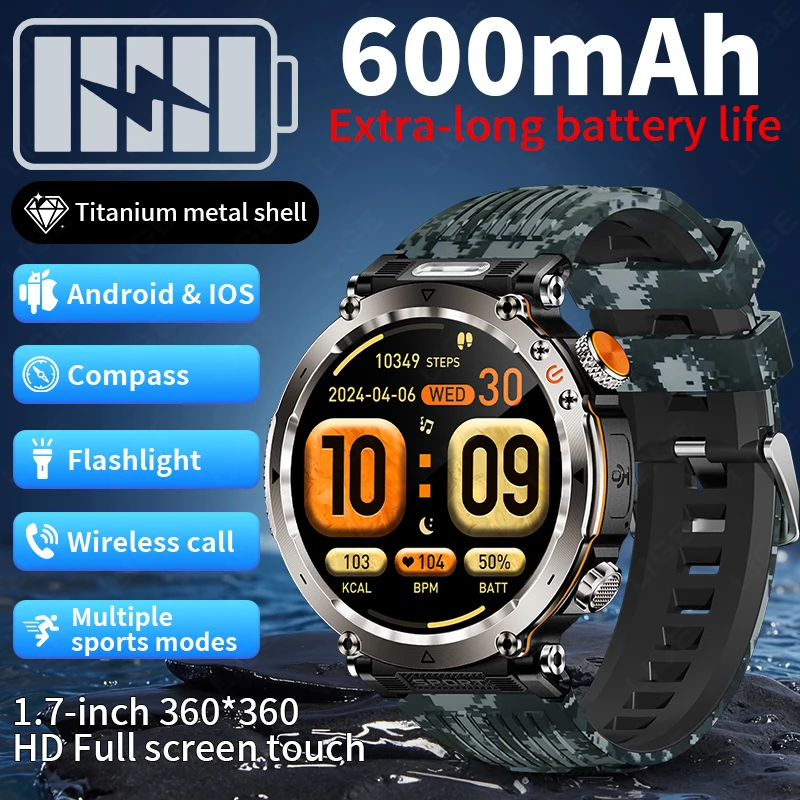 LIGE Smart Uhr Männer 600 mAh Batterie LED Taschenlampe Bluetooth Anruf Kompass Uhr Herzfrequenz Gesundheit Wasserdichte Sport Smartwatches