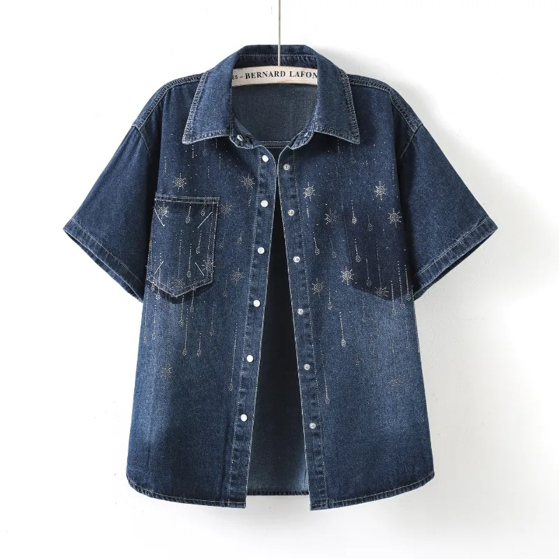 New Korean Trend Heavy Duty Hot‑fix Rhinestones Embellished Turn‑Down Collar Denim Shirts Short Sleeve Women's Unique Shirt