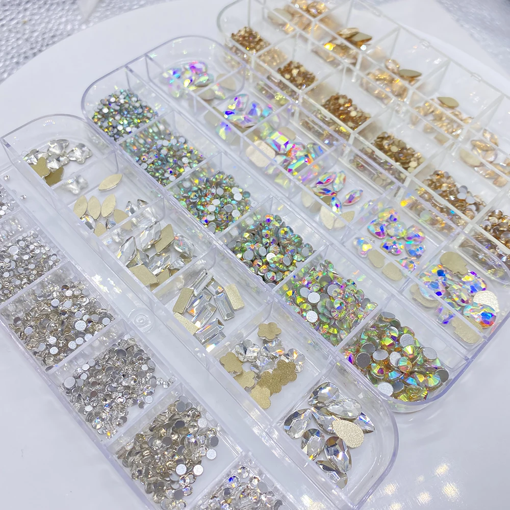 12Gird Box Multi Größe Farbe Flatback Glas Strass Nail art Zubehör Dekorative Kristall Diamant DIY Handwerk Steine – Detail 4