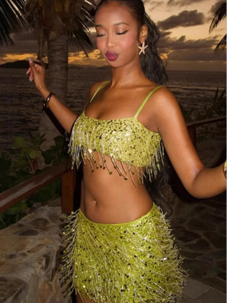DFDG Dames Lente Limoengroen Pailletten Tweedelige set Cami Top Kwastje Detail Rok Feest Clubwear 2026 Trendy Vrouwelijke Modeset