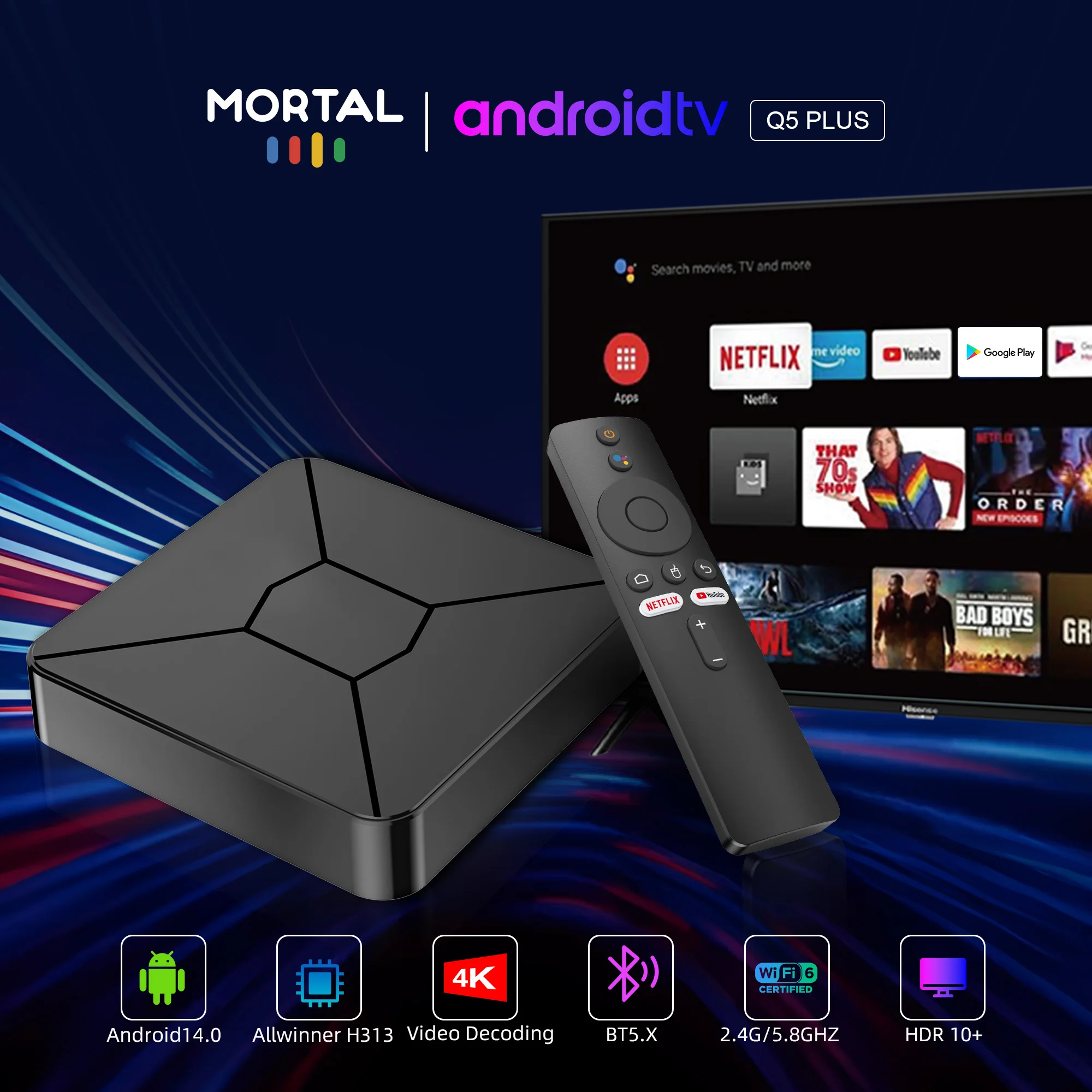 صندوق تلفاز ذكي مورتال أندرويد 14 Q5Plus Allwinner H313 صوت واي فاي 6 HDMI 4K HDR10 2G 16G ROM فيديو يوتيوب مشغل وسائط صندوق تلفاز