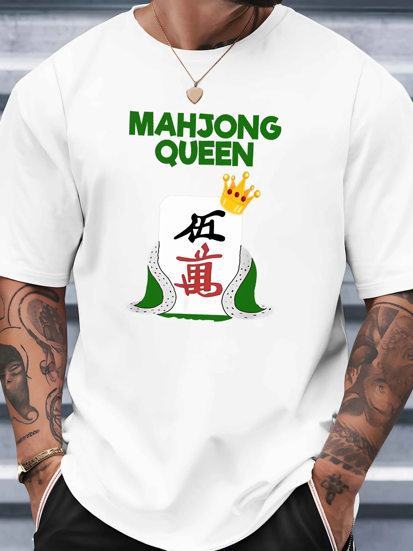 Mahjong Queen Mens Crew Neck T Shirt Five Wan Mahjong Tile Crown Robe Game Graphic Short Sleeve Casual Street Tops