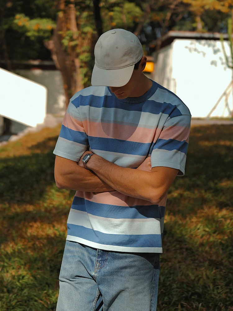 

Loose Fit round Ne ort Sve Knitted Striped T-irt Men's Casual Cotton Nylon Summer Top Simwood Brand