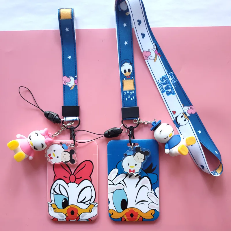 Disney Kawaii ID Card Cover Donald Duck cartoni animati Student Campus Card Cover e cordino regali porta carte di credito portatili all'aperto