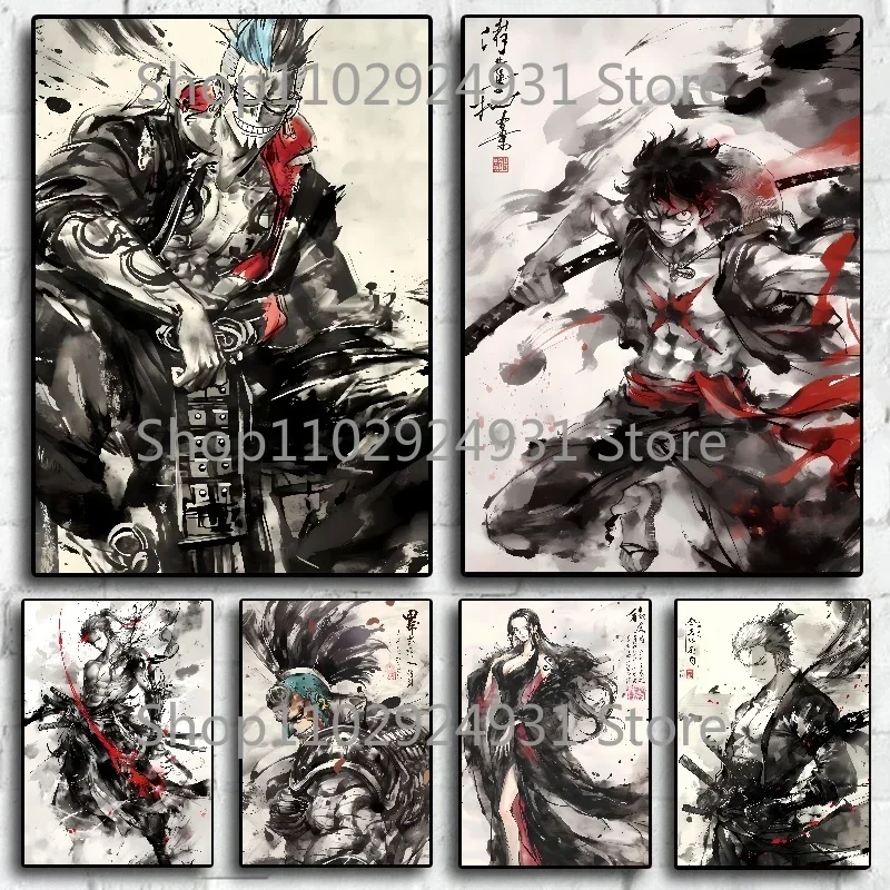Anime One Piece Poster Luffy Zoro Robin Ink Painting Style Art Print Poster High Quality Canvas Painting Room Decoration