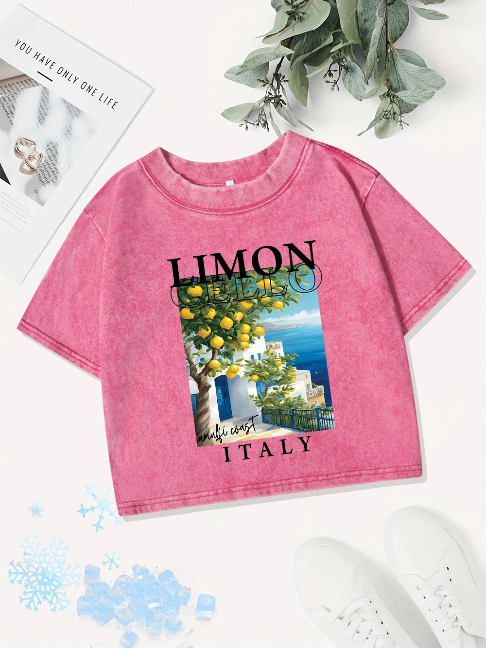 Sexy Cotton Crop Tops Womens Amalfi Coast Italy Lemonprinting Washed T-Shirts Summer O-Neck Regular Fit Tees Y2K Womans Clothes
