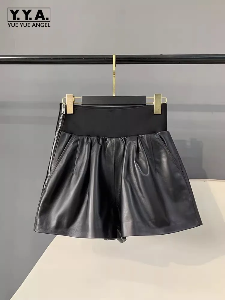 

Autumn New Genuine Leather Women Shorts Spliced Elastic Waist Side Zip Real Sheepskin Above Knee Length Wide Leg Short Trousers