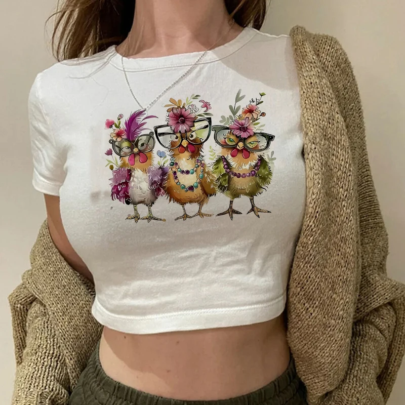 

High Street Retro Aesthetics Crop Tops Gothic Creative Chicken Pattern Print T-Shirts Women Y2k Harajuku Short Sleeve Summer Tee