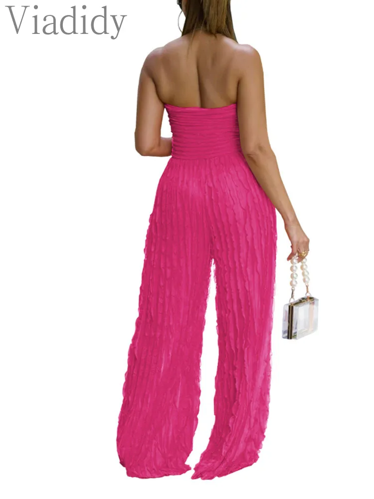 女性のセクシーなソリッドカラーのストラップレスフリルトリム装飾スキニーバックレスバンドゥワイドレッグジャンプスーツロンパース