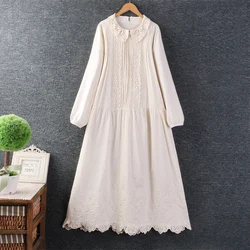 2024 Autumn New Women's Japanese Mori Girl Lace Hollow Out Dress Peter Pan Collar Long Sleeve Casual Loose Cotton Midi Dresses