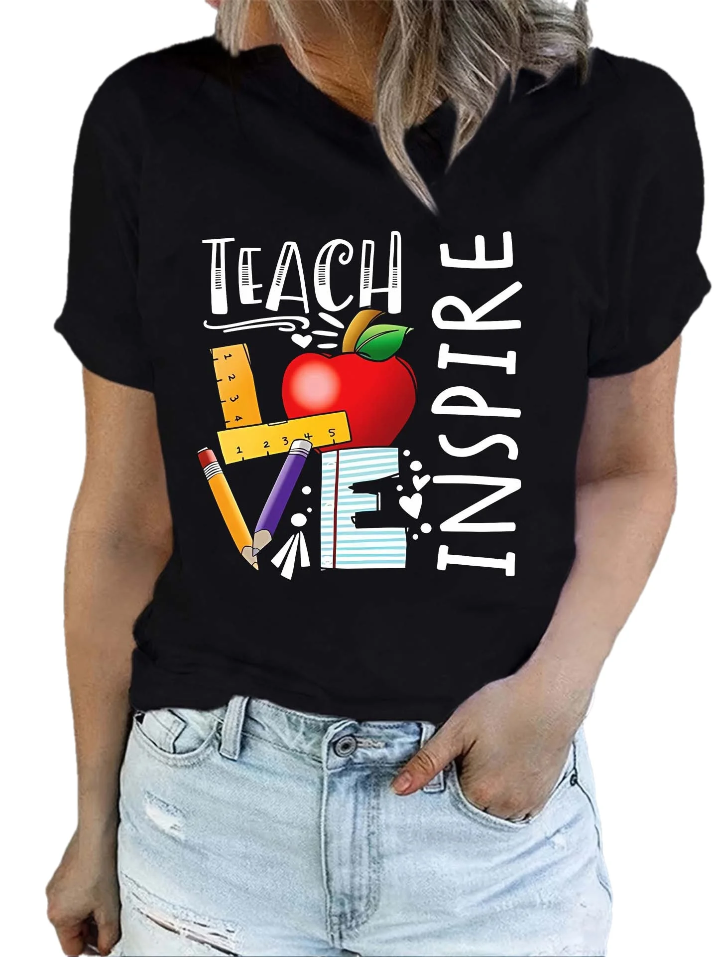 

Футболки с короткими рукавами и буквенным принтом для учителей, повседневный топ с круглым вырезом на лето и весну, женская одежда, классический дизайн, повседневный тренд