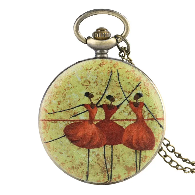 Vintage Bronze Elegant Ballet Dancer Pattern Men Women Quartz Pocket Watch Arabic Numeral Display Necklace Chain Timepiece Reloj